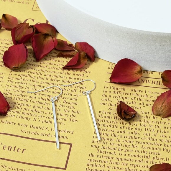 Handmade 925 Sterling Silver Dangle Earrings Hypoallergenic Stick Drop Long Vert - Picture 4 of 6